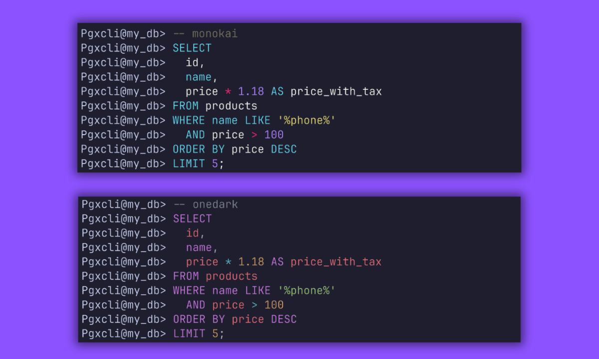 pgxcli syntax highlighting — monokai and onedark themes