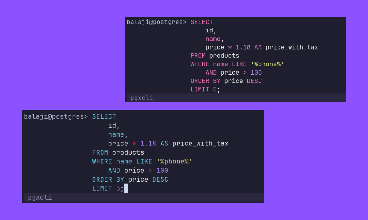 pgxcli syntax highlighting — monokai and onedark themes